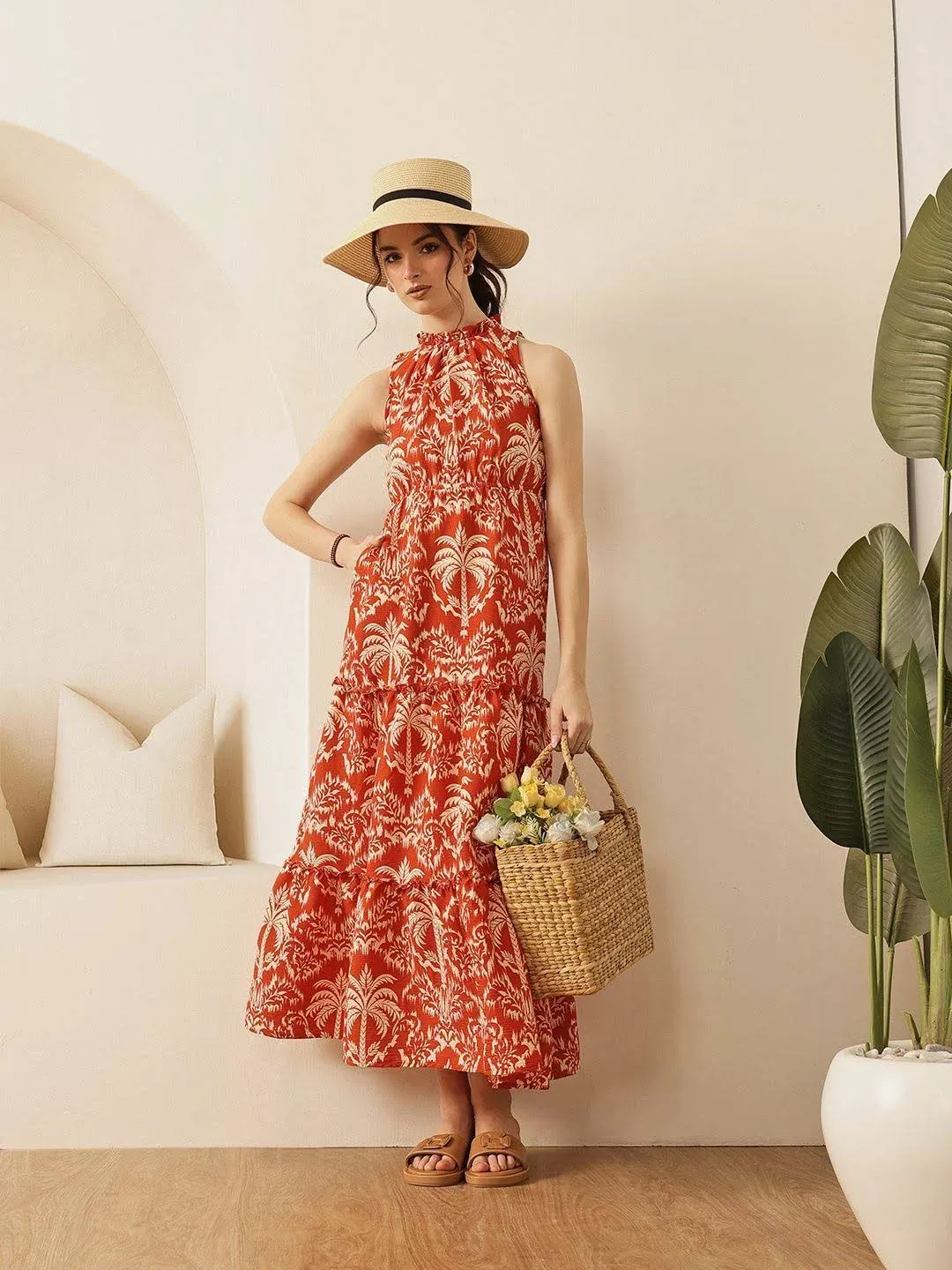 STREET 9 Women Tropical Print Halter Neck Tiered Cotton Fit & Flare Maxi  Dress(S) by Myntra | Reviews, Best price & Offers
