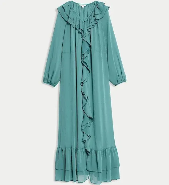 Marks & Spencer V-Neck Frill Detail Maxi Column Dress (FEMALE, TEAL,  16-PET) | Reviews, Best price & Offers