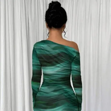green emerald velvet dress Valina | Green Ruched Asymmetric Maxi Dress with Drape