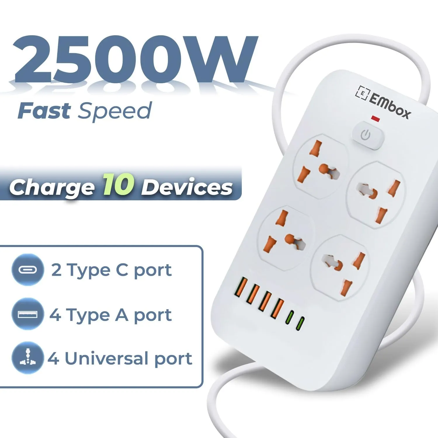 Embox Inj EMBOX Extension Board with USB (2.4 A) 6 USB Ports 4 Type A and 2 Type ...