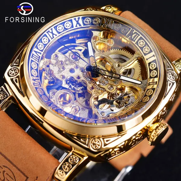 Fliptwirls.com FORSINING Square Luxury Retro Mechanical Watch for Men, Gorgeous Hollow Skeleton Self-Wind Carved Automatic Watches Vintage Leather Strap Wristwatch - image 7