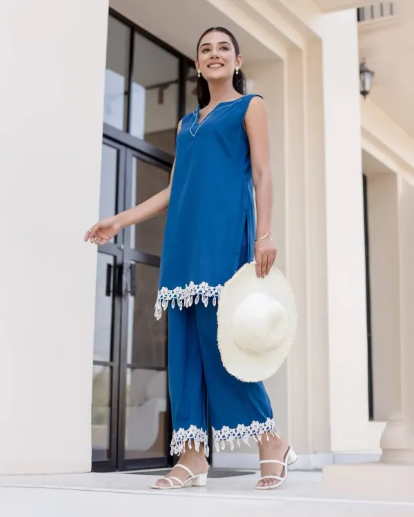 Aachho Aachho Women’s Blue Solid Cotton Coord Set - image 2