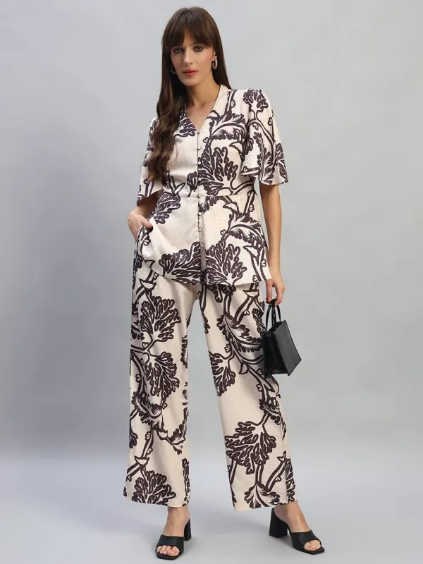 Cantabil Women's Printed Beige V-Neck Half Sleeves Co-ord-Set M - image 1