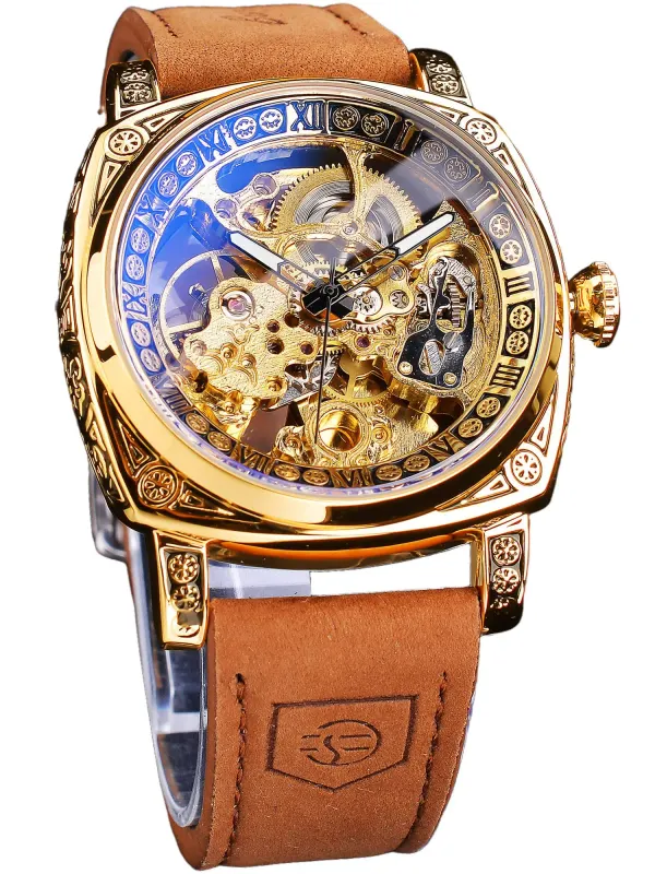 Fliptwirls.com FORSINING Square Luxury Retro Mechanical Watch for Men, Gorgeous Hollow Skeleton Self-Wind Carved Automatic Watches Vintage Leather Strap Wristwatch - image 1