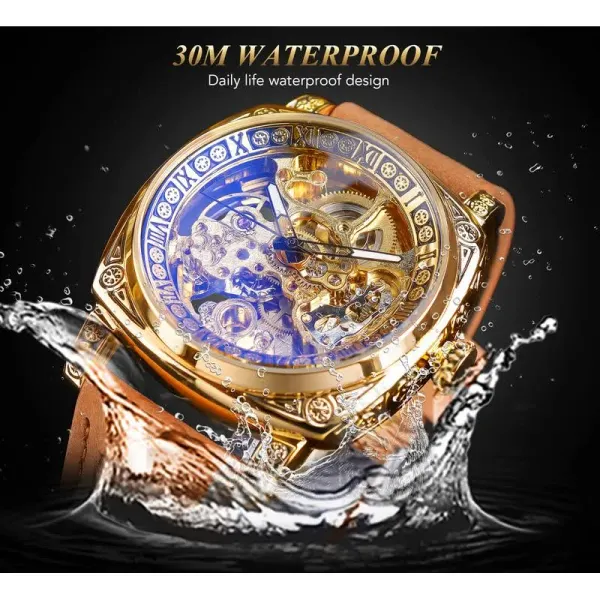 Fliptwirls.com FORSINING Square Luxury Retro Mechanical Watch for Men, Gorgeous Hollow Skeleton Self-Wind Carved Automatic Watches Vintage Leather Strap Wristwatch - image 6