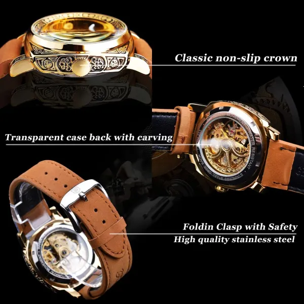 Fliptwirls.com FORSINING Square Luxury Retro Mechanical Watch for Men, Gorgeous Hollow Skeleton Self-Wind Carved Automatic Watches Vintage Leather Strap Wristwatch - image 4