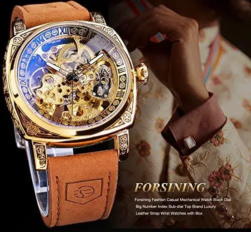 Fliptwirls.com FORSINING Square Luxury Retro Mechanical Watch for Men, Gorgeous Hollow Skeleton Self-Wind Carved Automatic Watches Vintage Leather Strap Wristwatch - image 2