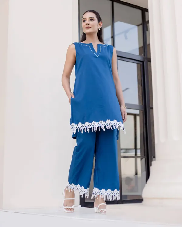 Aachho Aachho Women’s Blue Solid Cotton Coord Set - image 1
