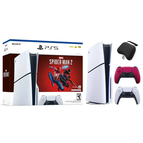  Sony 2023 New PlayStation 5 Slim Disc Edition Marvels Spider-Man 2 Bundle with Two Controllers White and Cosmic Red Dualsense and Mytrix Controller - image 2