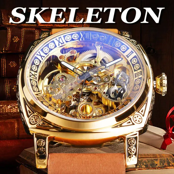 Fliptwirls.com FORSINING Square Luxury Retro Mechanical Watch for Men, Gorgeous Hollow Skeleton Self-Wind Carved Automatic Watches Vintage Leather Strap Wristwatch - image 5