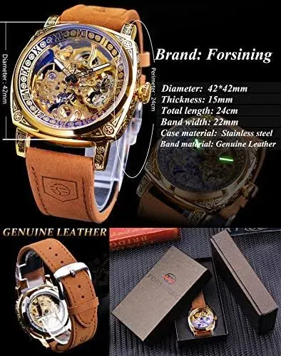Fliptwirls.com FORSINING Square Luxury Retro Mechanical Watch for Men, Gorgeous Hollow Skeleton Self-Wind Carved Automatic Watches Vintage Leather Strap Wristwatch - image 3