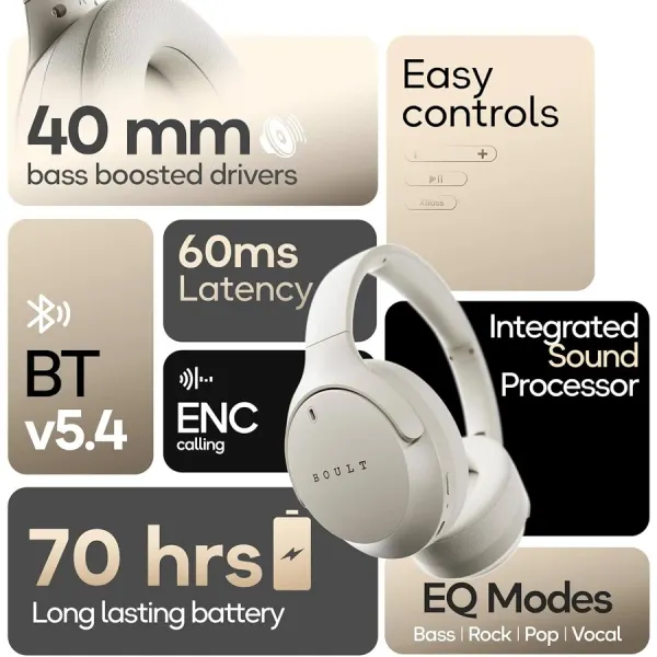 Boult Boult Q Over Ear Bluetooth Headphones with 70H Playtime, 40mm Bass Drivers, IPX5 Wireless Headphones (Beige) - image 9