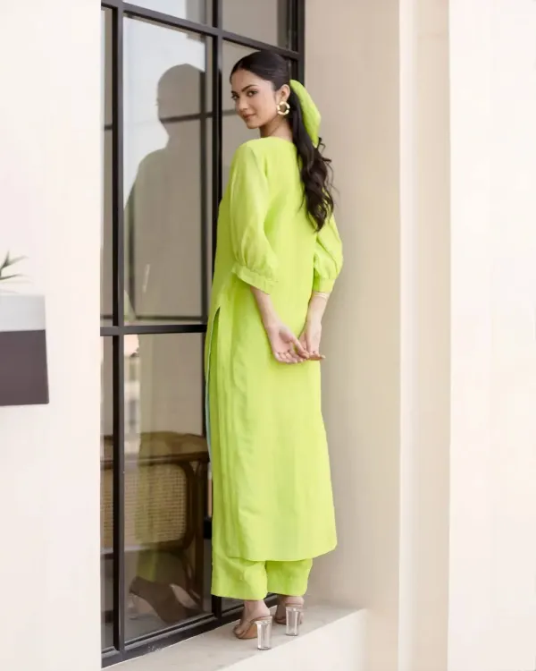 Aachho Aachho Women’s Neon Green Solid Cotton Coord Set - image 2