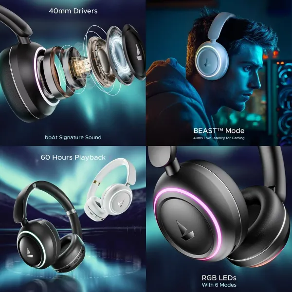 boAt Rockerz 480 w/RGB LEDs, 6 Light Modes, 40mm Drivers, Beast Mode, Bluetooth Headphones(Black Sabre) - image 4