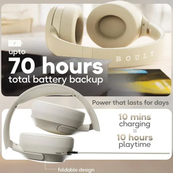 Boult Boult Q Over Ear Bluetooth Headphones with 70H Playtime, 40mm Bass Drivers, IPX5 Wireless Headphones (Beige) - image 8