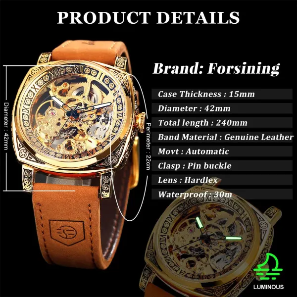 Fliptwirls.com FORSINING Square Luxury Retro Mechanical Watch for Men, Gorgeous Hollow Skeleton Self-Wind Carved Automatic Watches Vintage Leather Strap Wristwatch - image 8