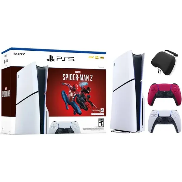  Sony 2023 New PlayStation 5 Slim Disc Edition Marvels Spider-Man 2 Bundle with Two Controllers White and Cosmic Red Dualsense and Mytrix Controller - image 1