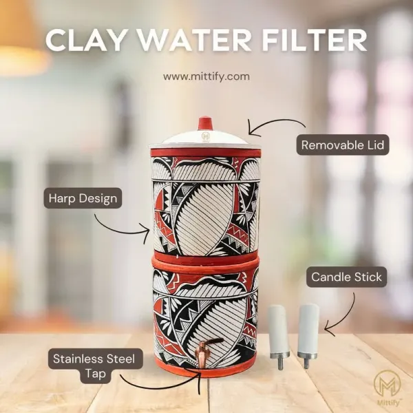 Flipkart Mittify Arthen Handmade Clay Water Filter With Metal Tap | Indian Harp Design Bottom Loading Water Dispenser - image 4