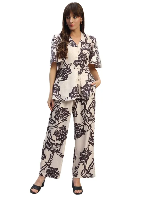 Cantabil Women's Printed Beige V-Neck Half Sleeves Co-ord-Set M - image 3
