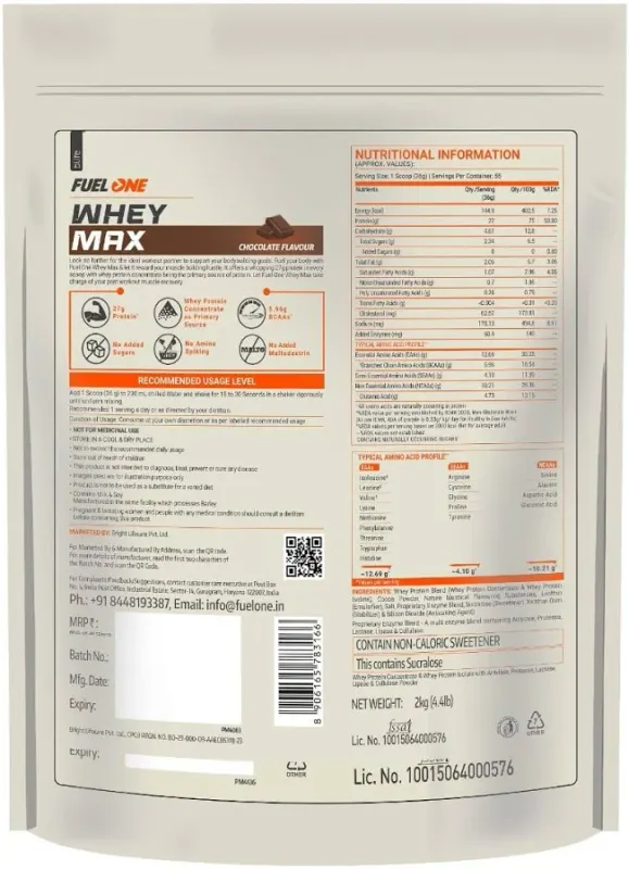 Fuel One FUELONE Whey Max Whey Protein Concentrate & Whey Protein Isolate | 27g Protein (Chocolate, 2kg / 4.4lbs) - image 2