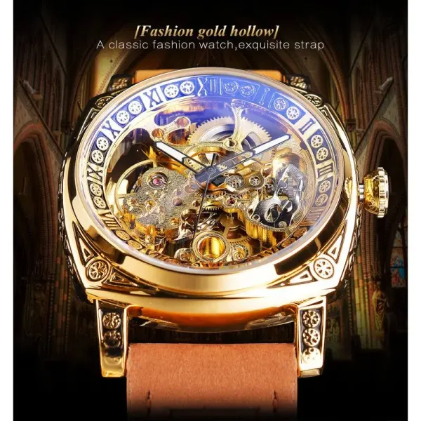 Fliptwirls.com FORSINING Square Luxury Retro Mechanical Watch for Men, Gorgeous Hollow Skeleton Self-Wind Carved Automatic Watches Vintage Leather Strap Wristwatch - image 9